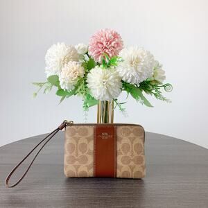 Coach CW854 Corner Zip Wristlet In Signature Canvas With Stripe IN Tan/Brown